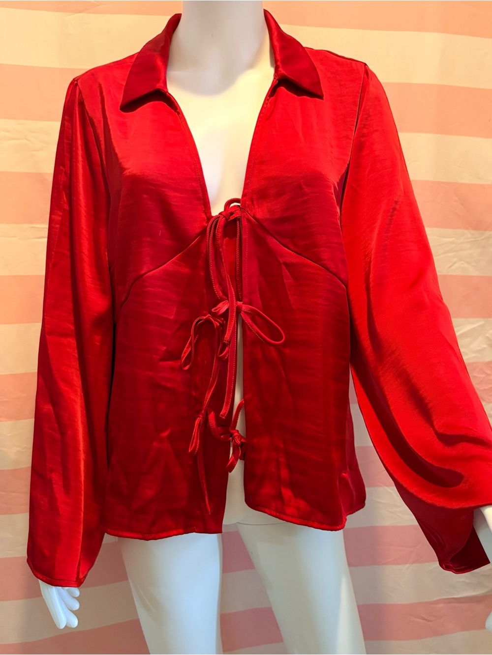 A New Day Red Satin Front Tie Bell Sleeve Blouse XL